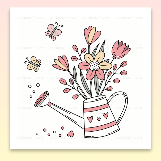 Illustration d'un arrosoir avec des fleurs et des papillons joyeux en style SVG pastel, parfait pour le printemps.