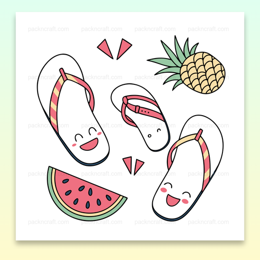 Illustration kawaii de tongs joyeuses avec ananas et pastèque, parfaite pour projets estivaux.