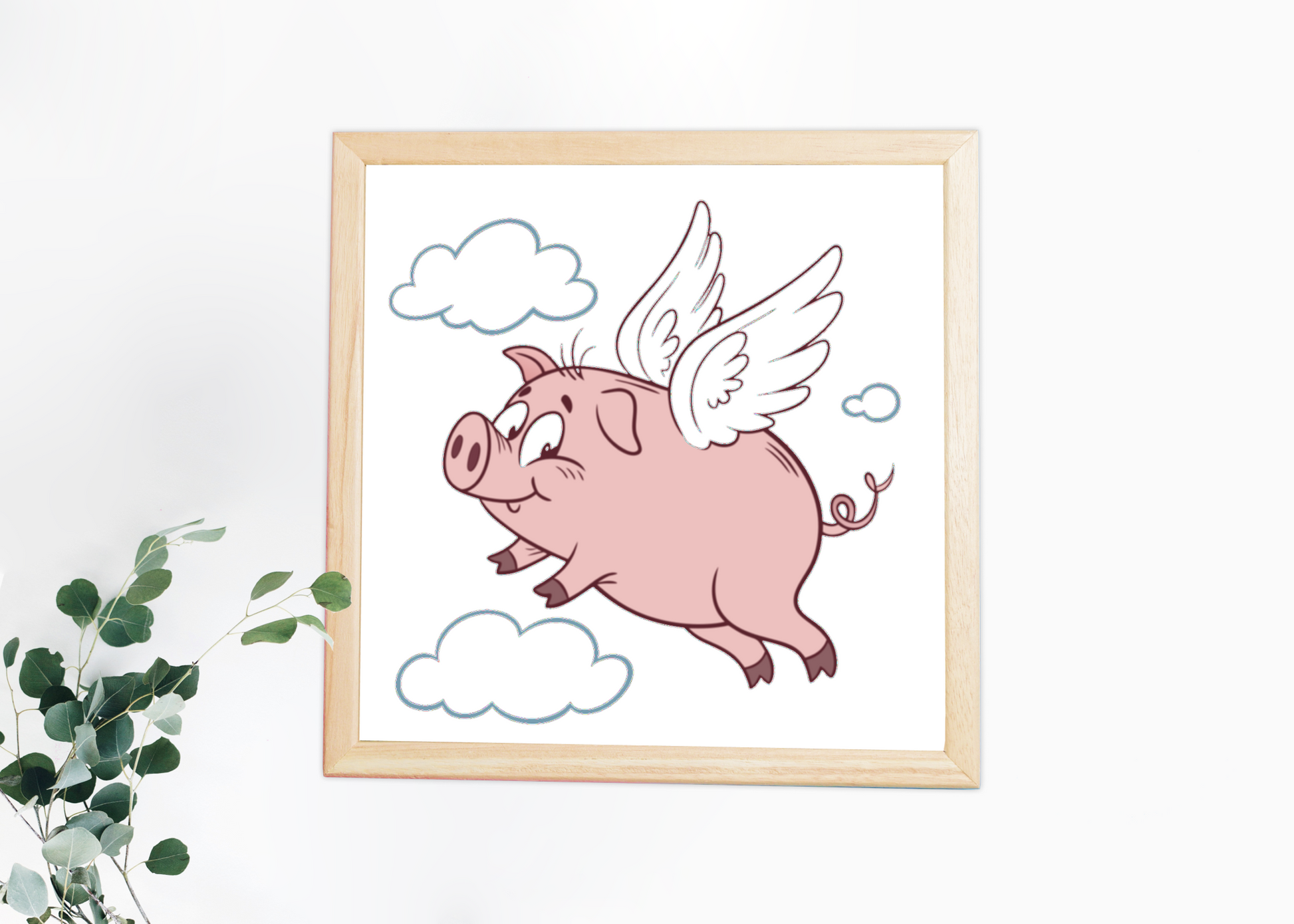 Cadre fantaisie avec un cochon volant joyeux en style dessin animé