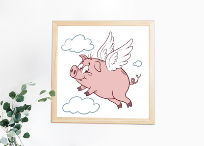 Cadre fantaisie avec un cochon volant joyeux en style dessin animé