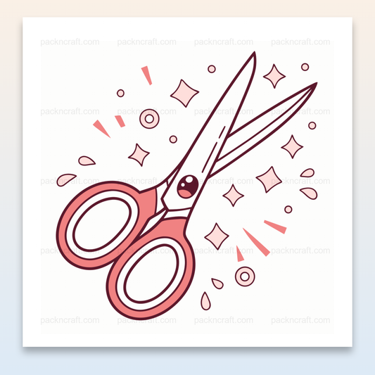 Illustration de ciseaux étincelants heureusement entourés de motifs, idéale pour papeterie et DIY
