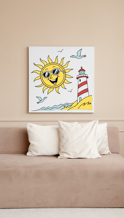 Cadre avec un soleil souriant et un phare dans un style cartoon estival