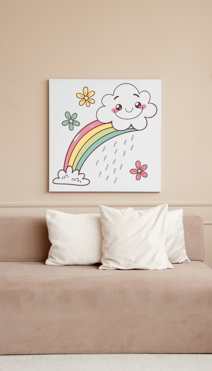 Cadre enfantin avec nuage souriant et arc-en-ciel, design coloré et joyeux