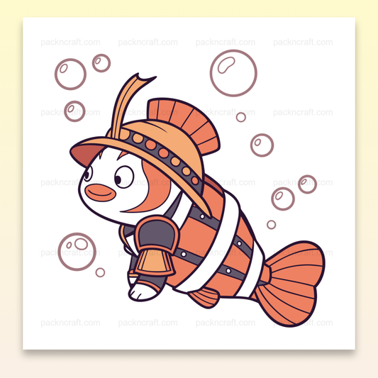 Illustration d'un poisson clown en armure, style cartoon, pour projets créatifs et éducatifs marins.