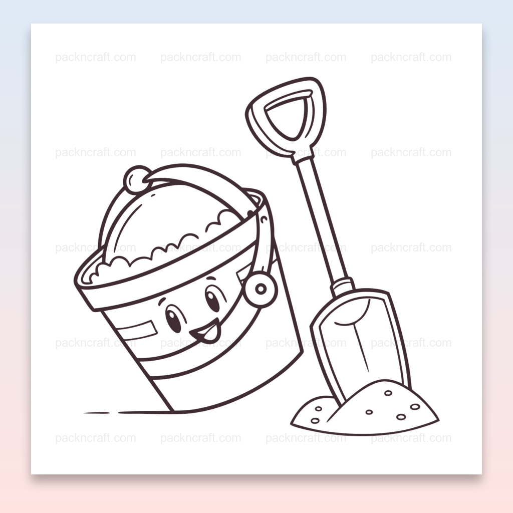 Illustration vectorielle d'un seau joyeux et une pelle, idéale pour projets créatifs.