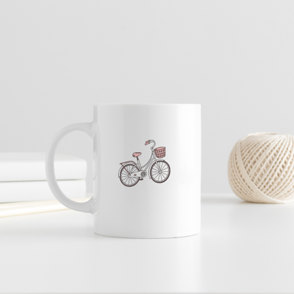 Mug style vintage avec vélo rétro et panier en dessin doodle charmant