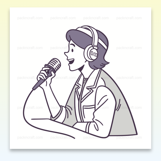 Illustration de l'animateur radio vintage au micro en studio, parfaite pour papeterie, Mise en situation de l'animateur radio dans un cadre sur bureau, ambiance créative, Gobelet personnalisé avec l'illustration de l'animateur radio, idéal pour café/salon, Sticker rétro de l'animateur radio, pour personnalisation unique de vos accessoires, T-shirt imprimé avec animateur radio, pour les fans de musique et de rétro