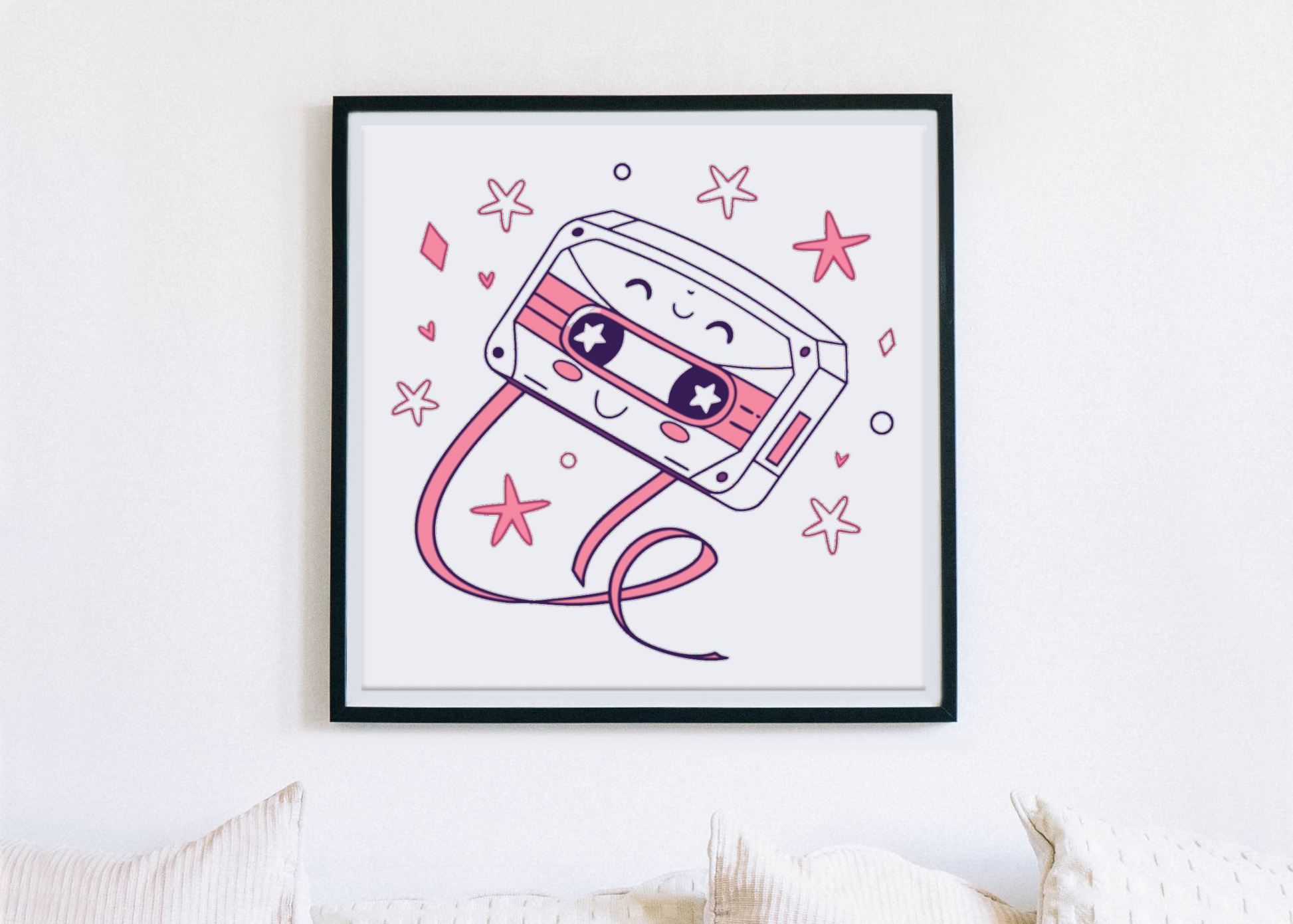 Illustration de cassette kawaii encadrée, ajout artistique à tout intérieur
