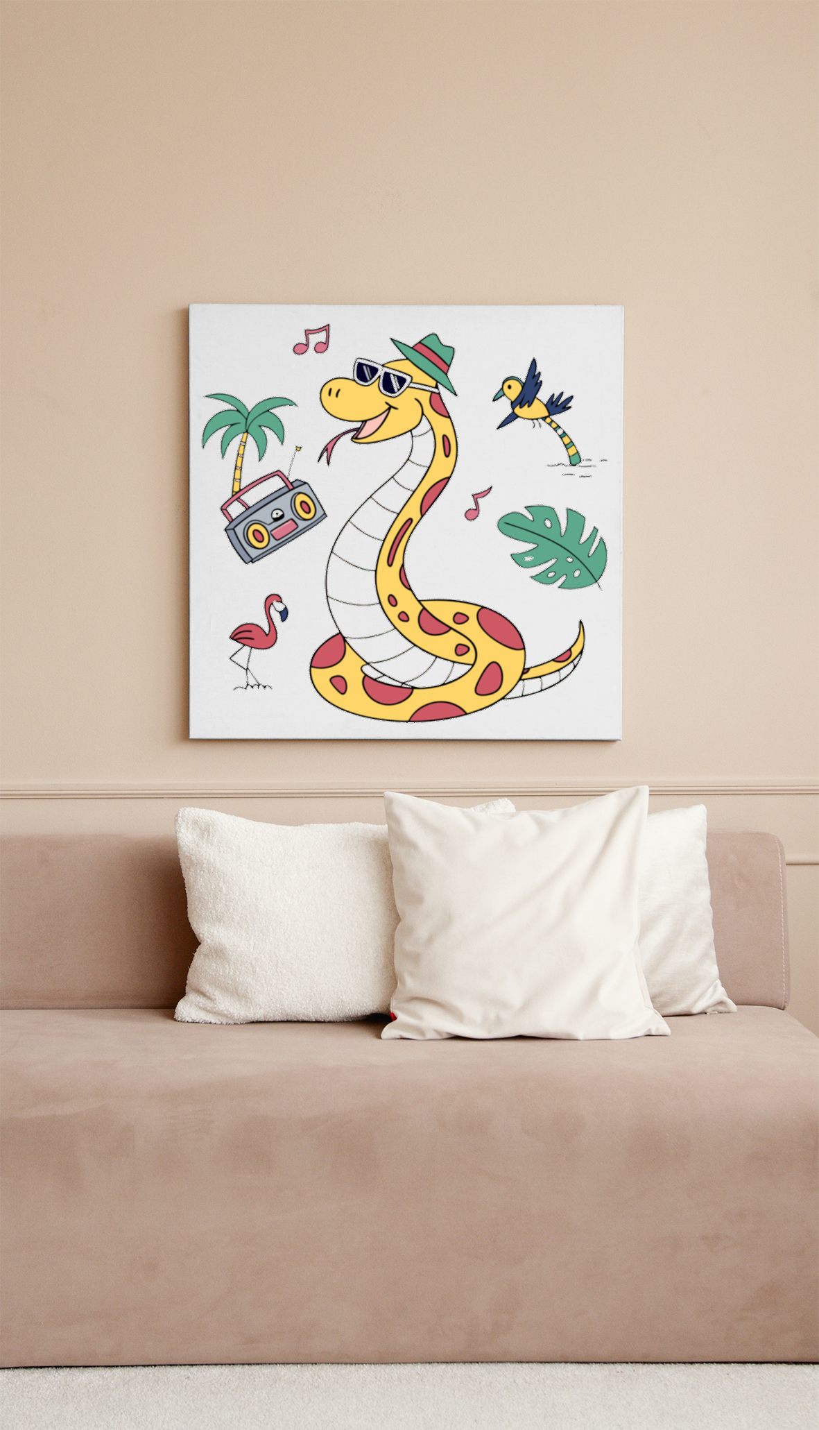 Cadre décoratif avec serpent dansant, ambiance tropicale et amusante