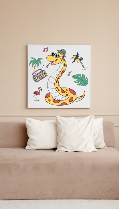 Cadre décoratif avec serpent dansant, ambiance tropicale et amusante