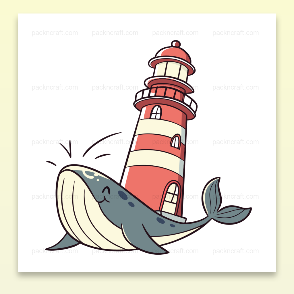 Illustration d'une baleine joyeuse devant un phare, idéale pour déco marine.