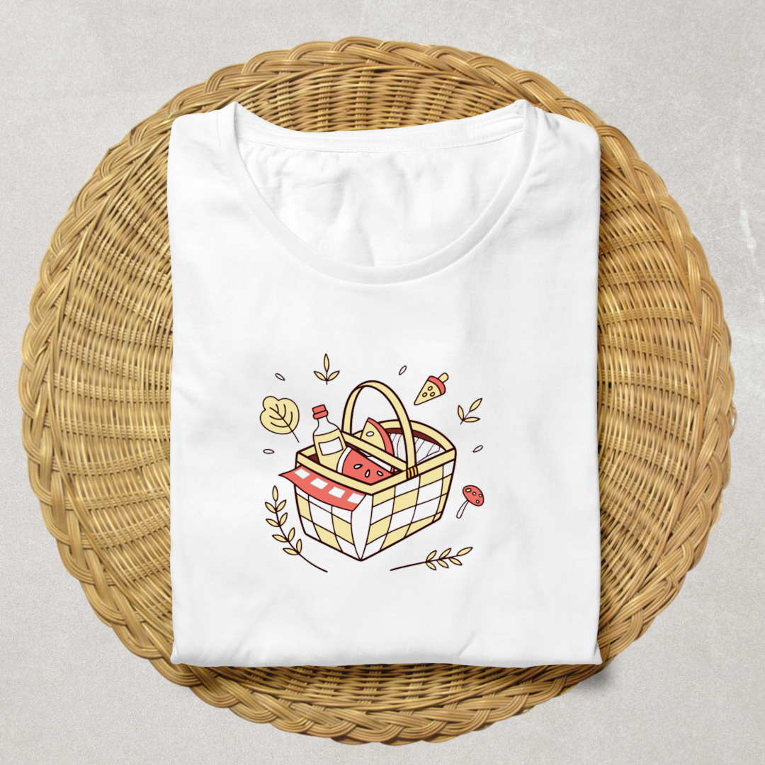T-shirt estival avec icône numérique de panier pique-nique décontracté