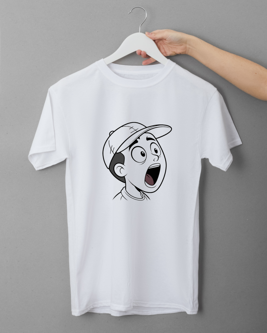 Motif numérique sur t-shirt avec garçon surpris et casquette dans un style éducatif