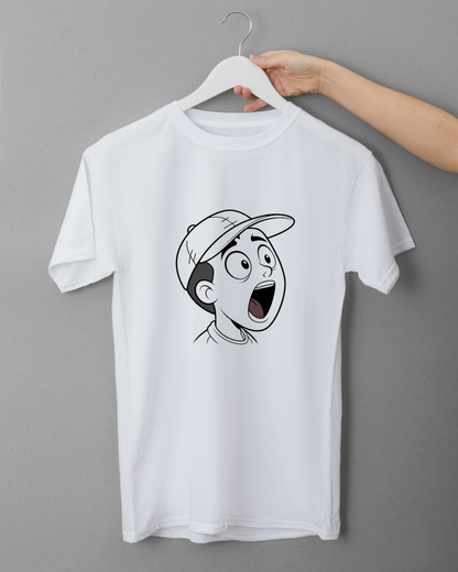 Motif numérique sur t-shirt avec garçon surpris et casquette dans un style éducatif