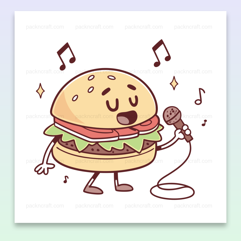Illustration d'un burger chantant joyeux, idéal pour déco et papeterie.
