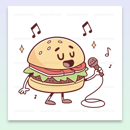 Illustration d'un burger chantant joyeux, idéal pour déco et papeterie.
