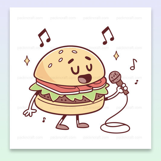 Illustration d'un burger chantant joyeux, idéal pour déco et papeterie.