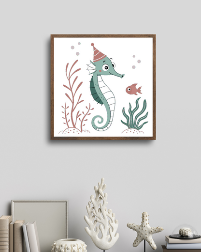 Cadre décoratif avec hippocampe festif dans tons pastel, ambiance marine élégante