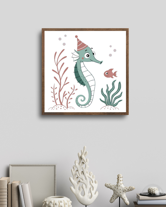 Cadre décoratif avec hippocampe festif dans tons pastel, ambiance marine élégante