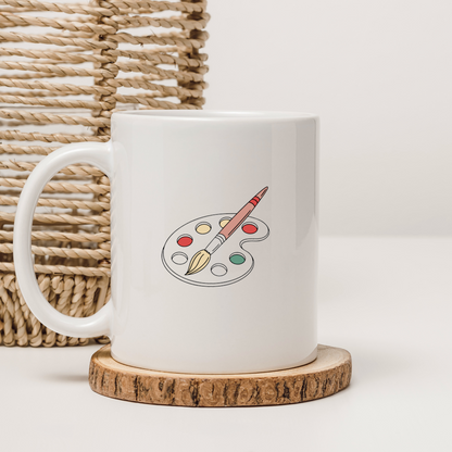 Mug décoré d'une icône pinceau, style vectoriel, palette artistique vibrante