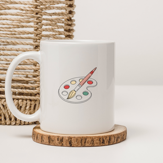 Mug décoré d'une icône pinceau, style vectoriel, palette artistique vibrante