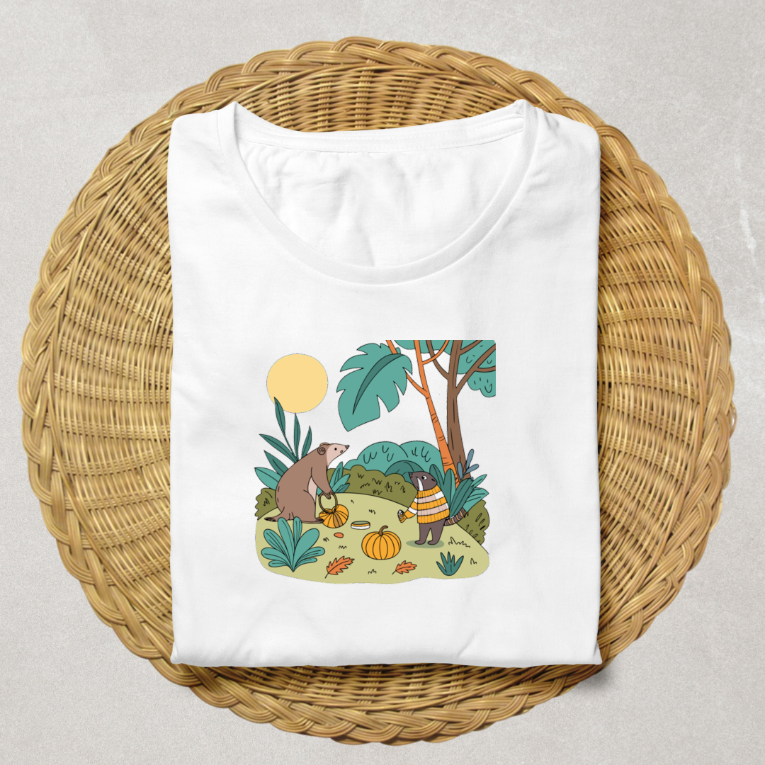 T-shirt avec design d'ours et loutre dans un style automnal festif et coloré