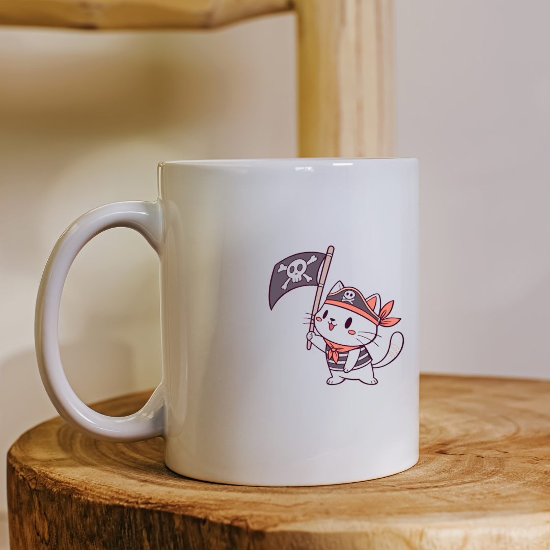 Mug avec un chat pirate joyeux style kawaii pour une aventure maritime ludique