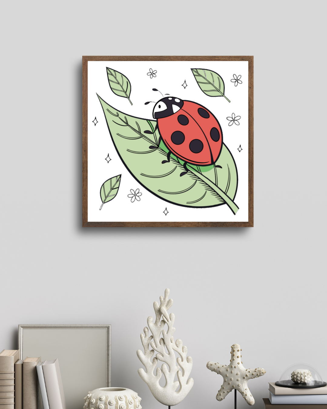 Cadre élégant orné d'une coccinelle joyeuse sur une feuille, style nature apaisant
