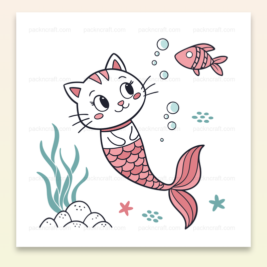 Illustration mignonne de chat sirène joueur, idéale pour DIY et déco.