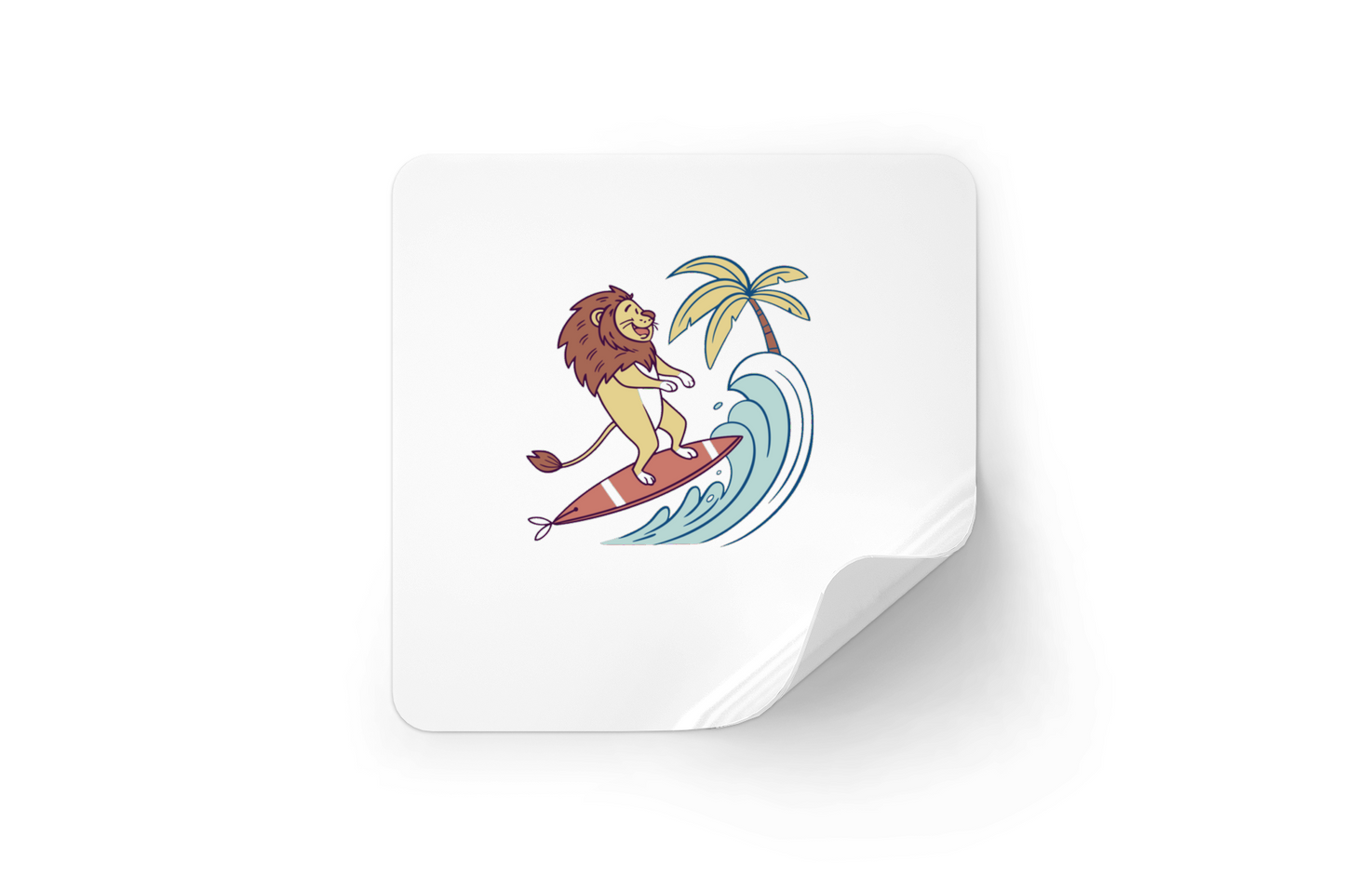 Sticker décoratif avec lion surfeur enjoué style doodle pour ambiance tropicale