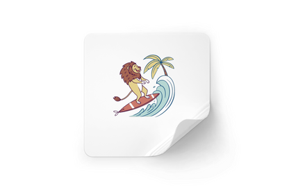 Sticker décoratif avec lion surfeur enjoué style doodle pour ambiance tropicale