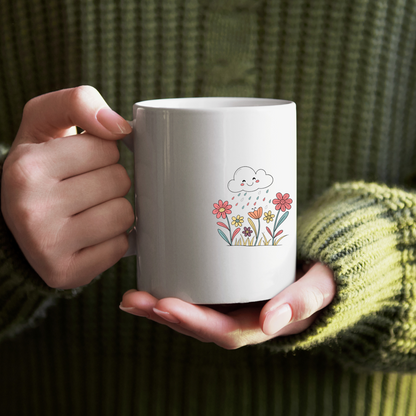 Mug pastel au motif de nuage joyeux et fleurs, ambiance printanière radieuse