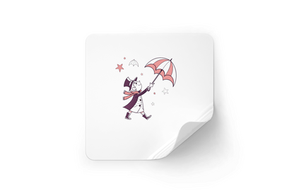 Sticker avec un enfant sous la pluie dans un style vintage et ambiance enfantine