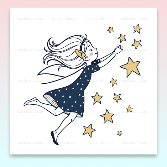 Illustration de fée rêveuse attrapant des étoiles, idéale pour déco.