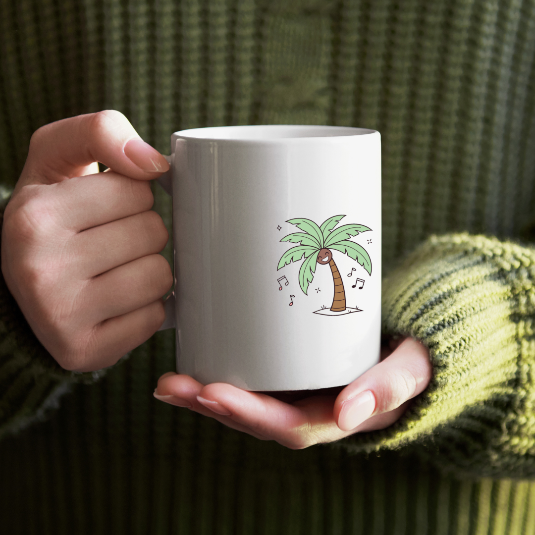Mug décoré d'un palmier doodle dansant et joyeux apportant une évasion tropicale