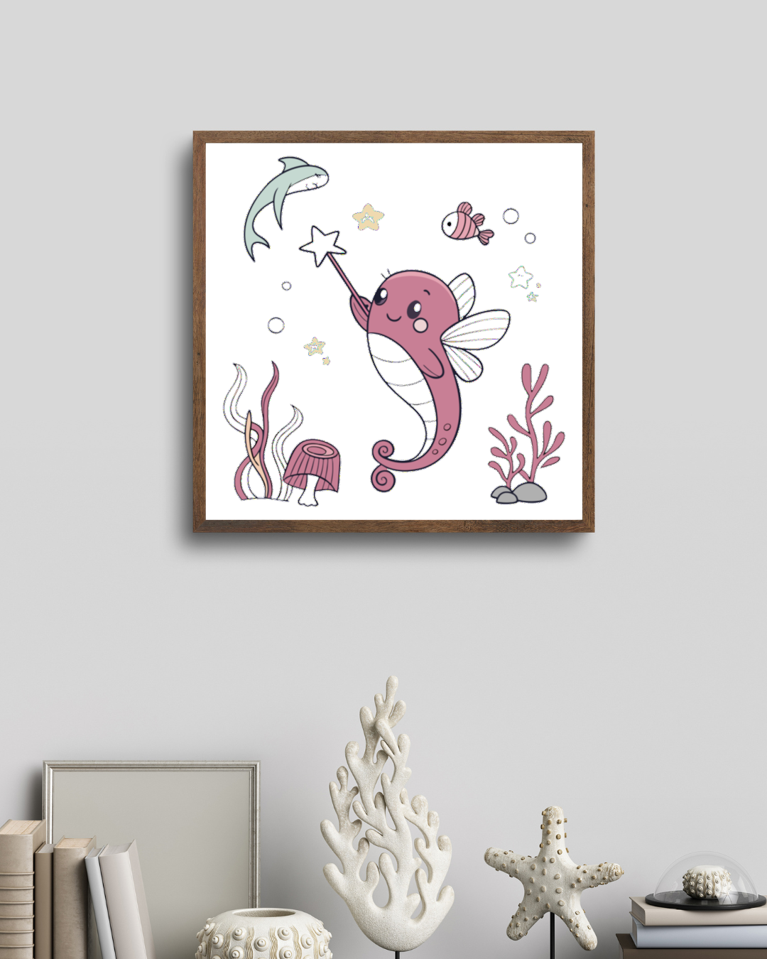 Cadre élégant arborant un hippocampe pastel au charme enchanteur et marin
