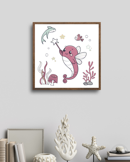 Cadre élégant arborant un hippocampe pastel au charme enchanteur et marin