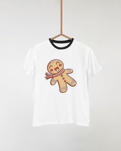 T-shirt avec bonhomme pain d'épices joyeux style doodle, ambiance hivernale cozy