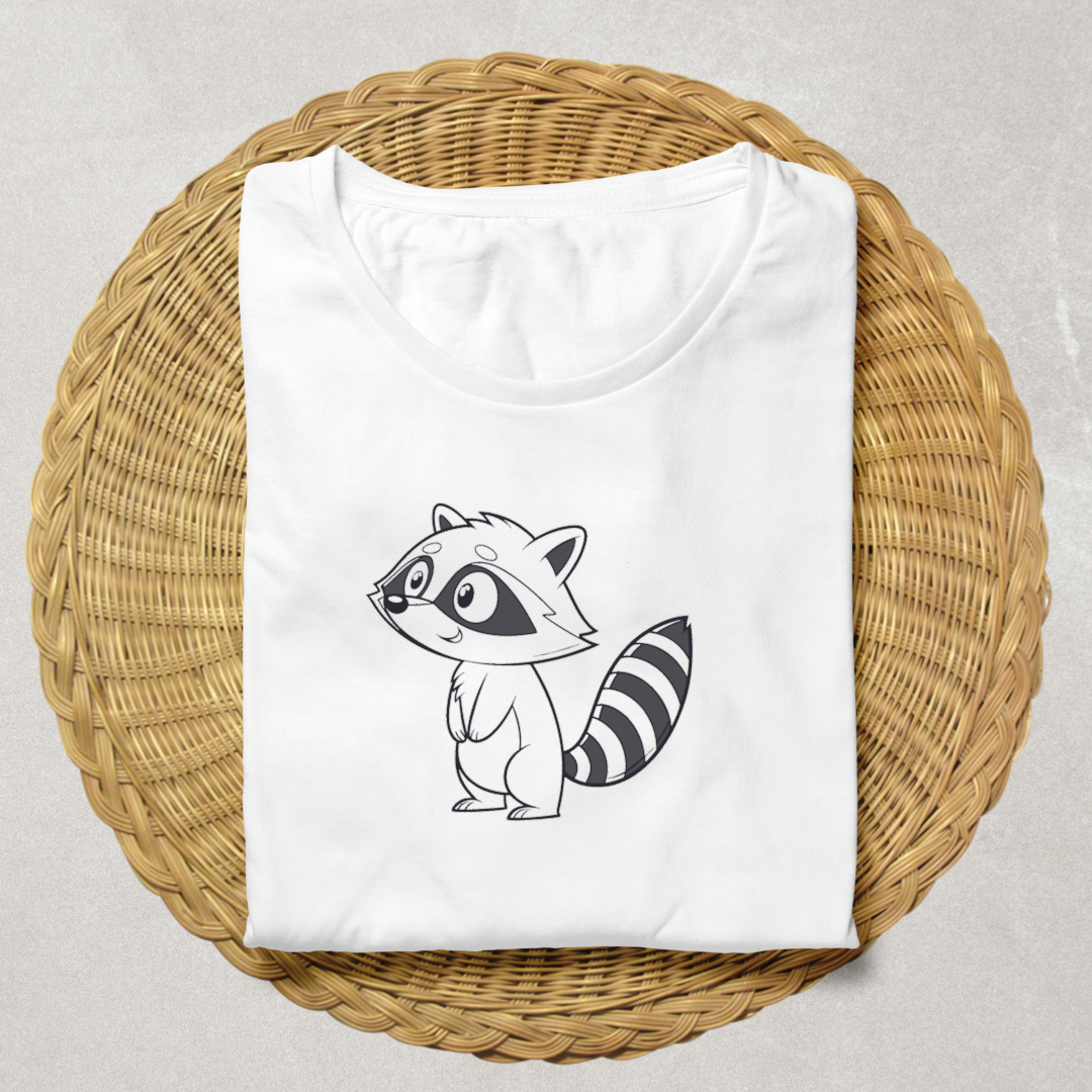T-shirt avec raton laveur curieux en doodle forêt ambiance ludique et tendance