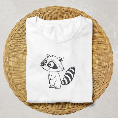 T-shirt avec raton laveur curieux en doodle forêt ambiance ludique et tendance
