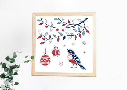 Cadre orné d'un oiseau chanteur et décorations pour un hiver festif magique