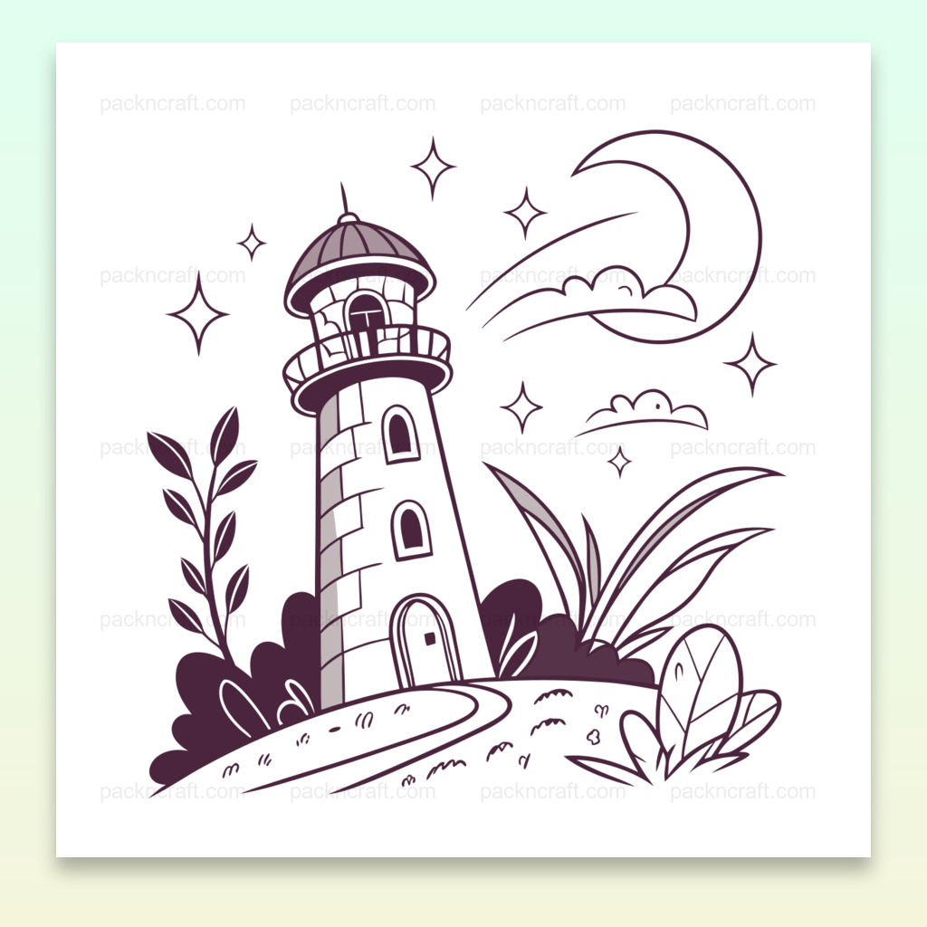 Illustration simpliste de phare sous lune pour décor et projets éducatifs