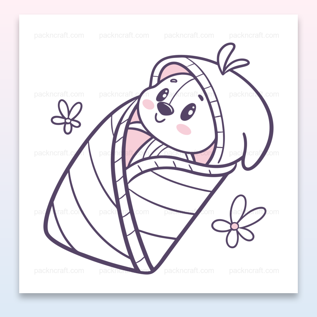 Illustration adorable d'un ourson enveloppé, idéale pour projets enfantins