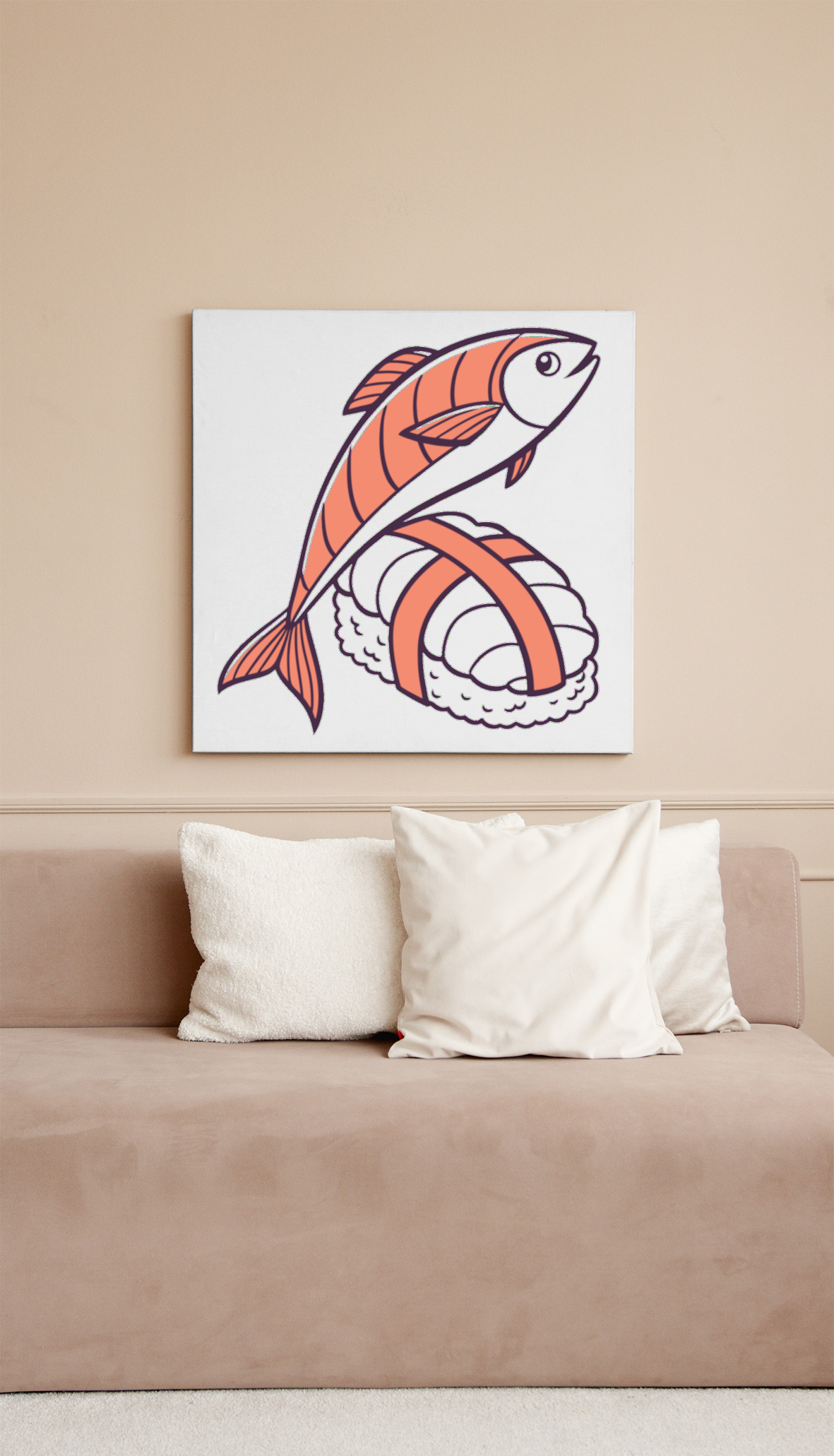 Cadre moderne avec saumon bondissant sur sushi design original pour cuisine déco