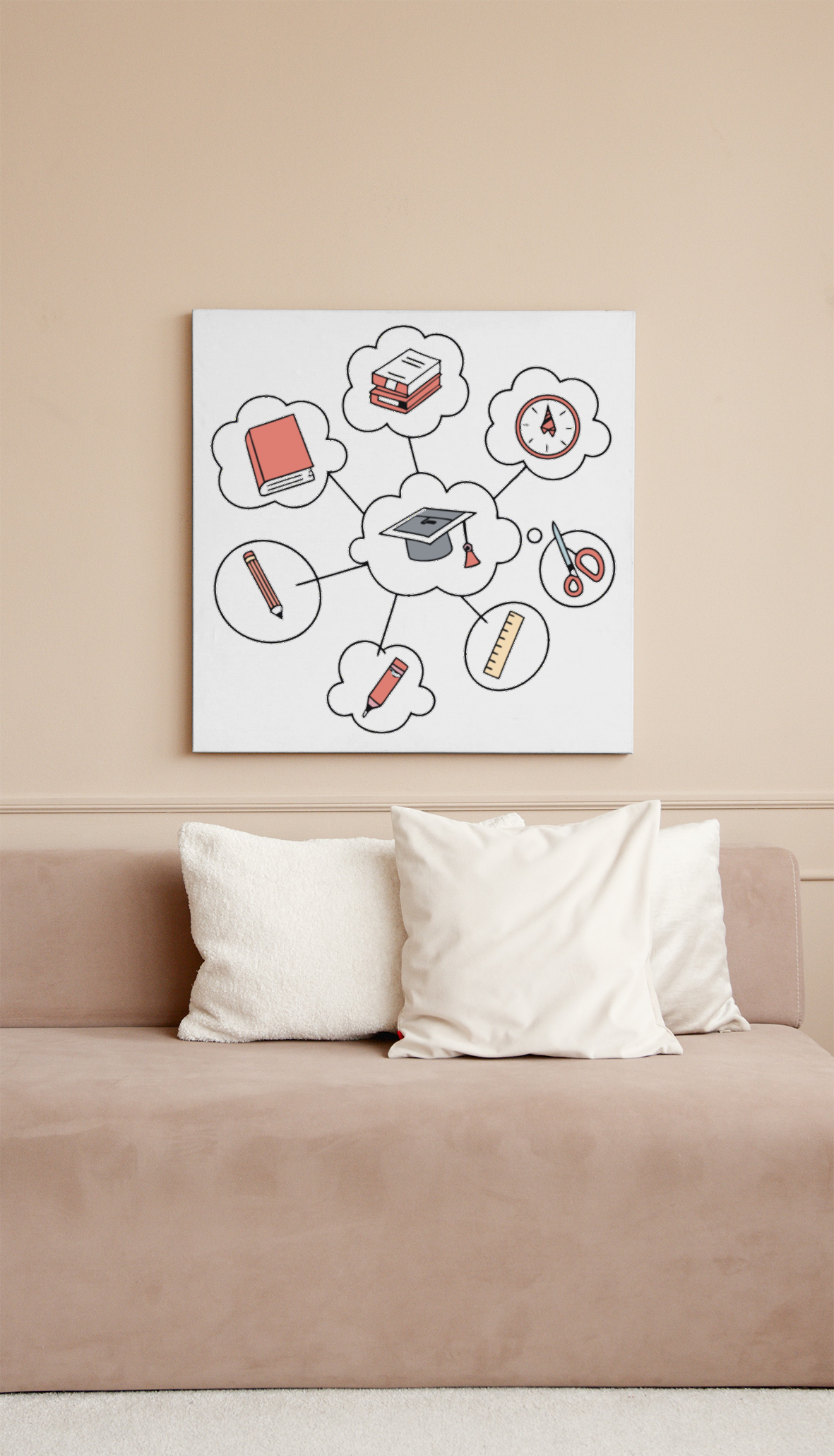 Cadre avec nuages stylisés et ambiance studieuse, idéal pour décor éducatif