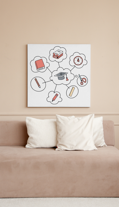 Cadre avec nuages stylisés et ambiance studieuse, idéal pour décor éducatif