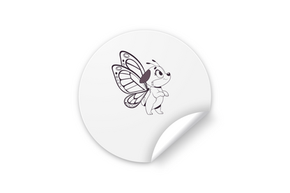 Sticker décoratif chiot joyeux avec ailes de papillon sur fond amusant et coloré