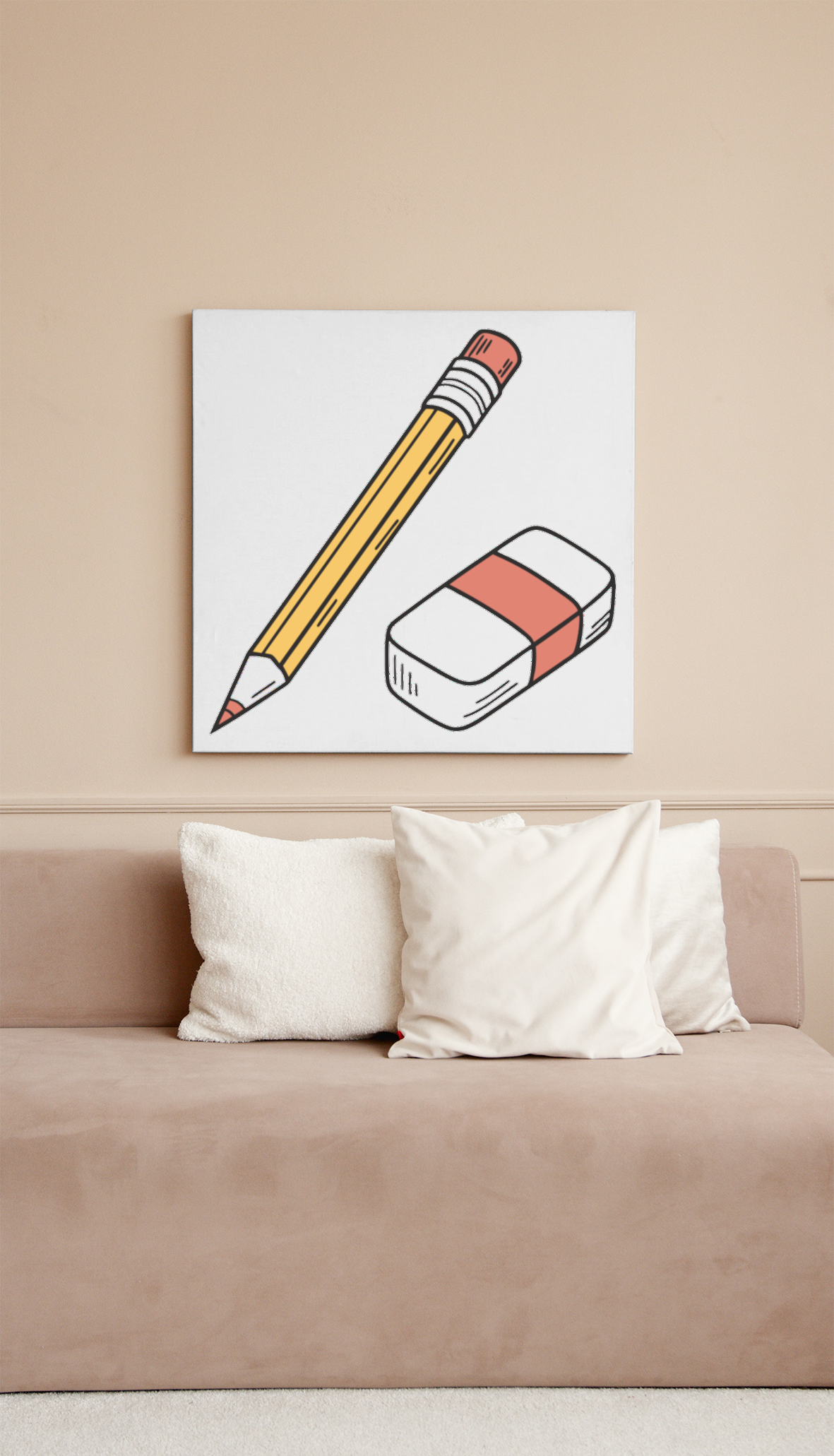 Cadre contenant un duo minimaliste de crayon et gomme au style doodle épuré