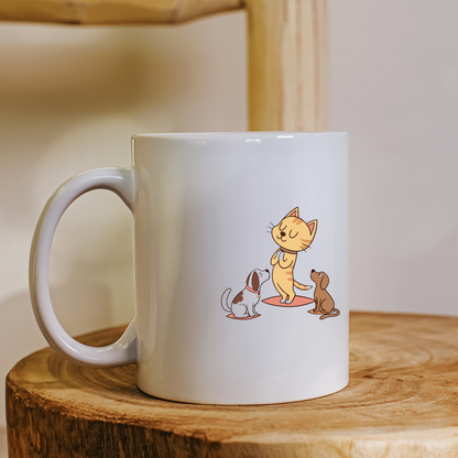 Mug ambiance zen avec décor pastel de chiens sereins et chat méditatif