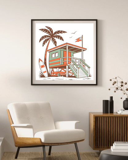 Cadre décoratif avec illustration de cabane de surfeur vintage, pour décoration intérieur.